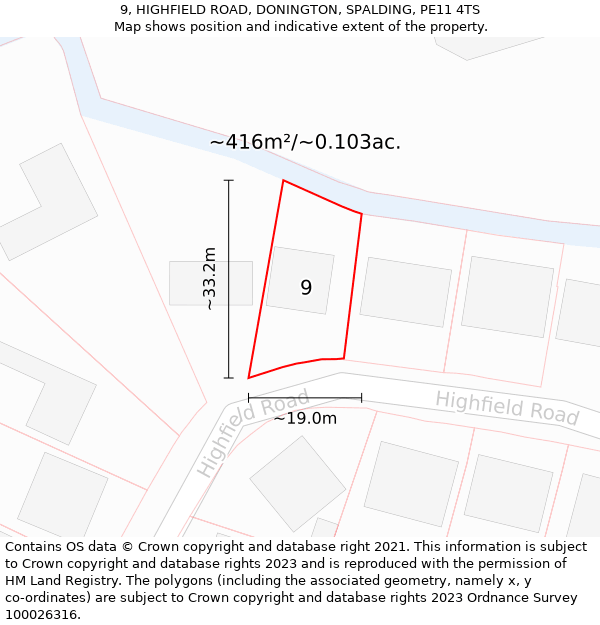 9, HIGHFIELD ROAD, DONINGTON, SPALDING, PE11 4TS: Plot and title map