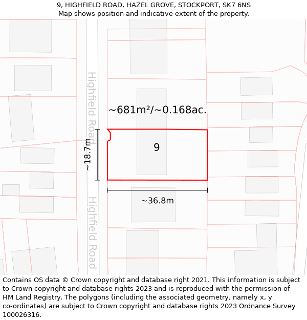 9, HIGHFIELD ROAD, HAZEL GROVE, STOCKPORT, SK7 6NS: Plot and title map