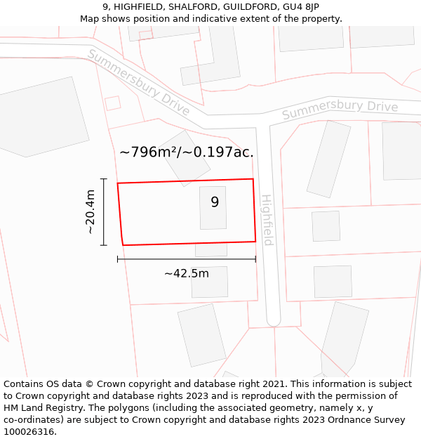 9, HIGHFIELD, SHALFORD, GUILDFORD, GU4 8JP: Plot and title map