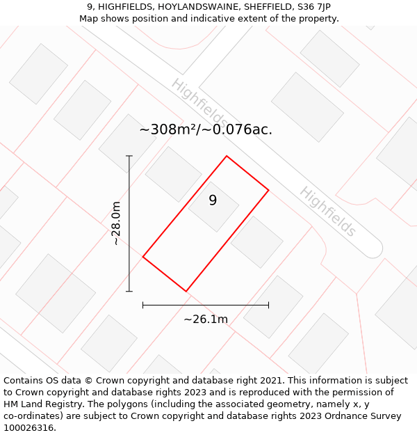 9, HIGHFIELDS, HOYLANDSWAINE, SHEFFIELD, S36 7JP: Plot and title map