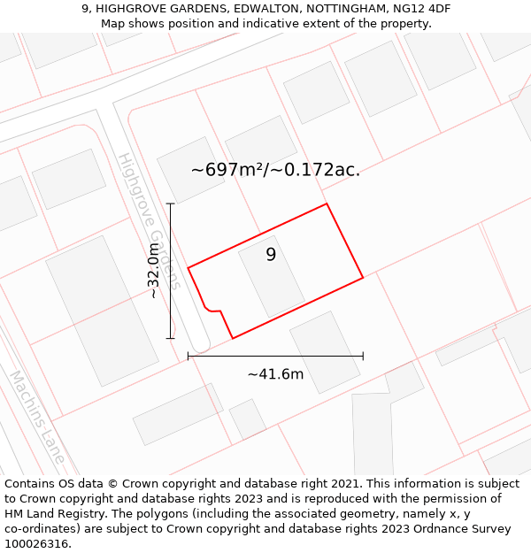 9, HIGHGROVE GARDENS, EDWALTON, NOTTINGHAM, NG12 4DF: Plot and title map