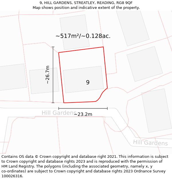 9, HILL GARDENS, STREATLEY, READING, RG8 9QF: Plot and title map