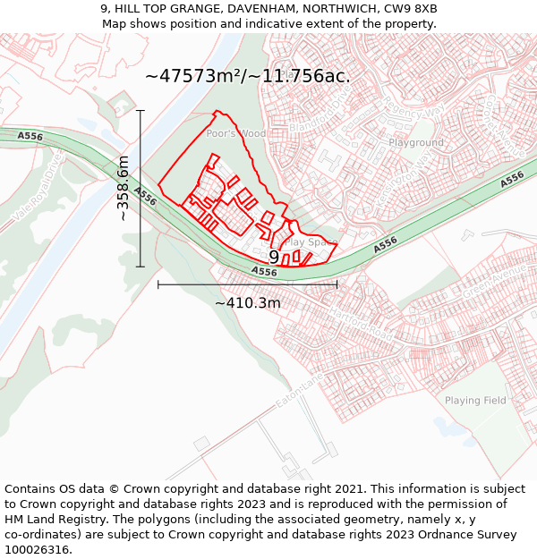 9, HILL TOP GRANGE, DAVENHAM, NORTHWICH, CW9 8XB: Plot and title map