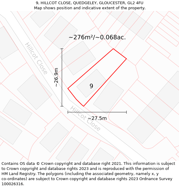 9, HILLCOT CLOSE, QUEDGELEY, GLOUCESTER, GL2 4FU: Plot and title map