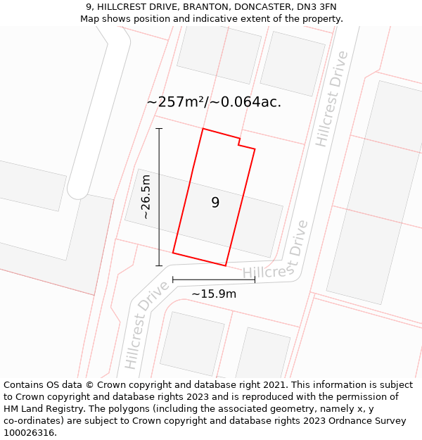 9, HILLCREST DRIVE, BRANTON, DONCASTER, DN3 3FN: Plot and title map