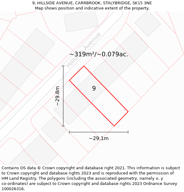 9, HILLSIDE AVENUE, CARRBROOK, STALYBRIDGE, SK15 3NE: Plot and title map