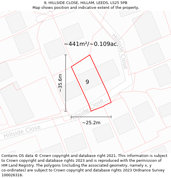 9, HILLSIDE CLOSE, HILLAM, LEEDS, LS25 5PB: Plot and title map