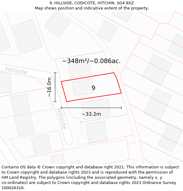 9, HILLSIDE, CODICOTE, HITCHIN, SG4 8XZ: Plot and title map