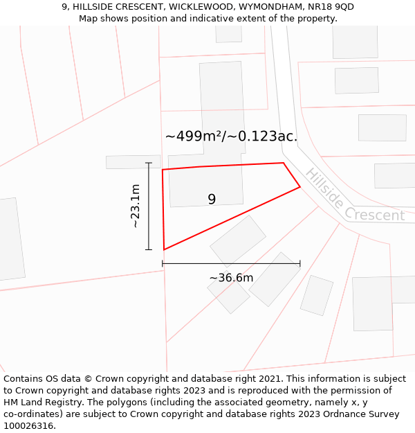 9, HILLSIDE CRESCENT, WICKLEWOOD, WYMONDHAM, NR18 9QD: Plot and title map