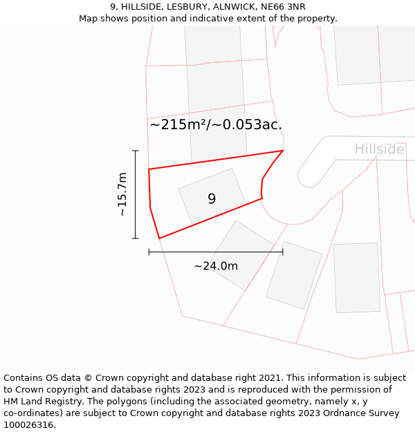 9, HILLSIDE, LESBURY, ALNWICK, NE66 3NR: Plot and title map