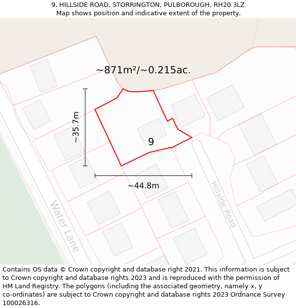 9, HILLSIDE ROAD, STORRINGTON, PULBOROUGH, RH20 3LZ: Plot and title map