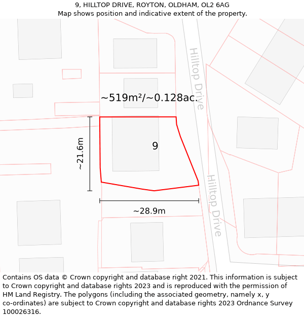 9, HILLTOP DRIVE, ROYTON, OLDHAM, OL2 6AG: Plot and title map