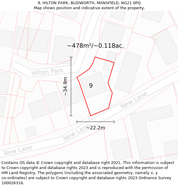 9, HILTON PARK, BLIDWORTH, MANSFIELD, NG21 0PQ: Plot and title map