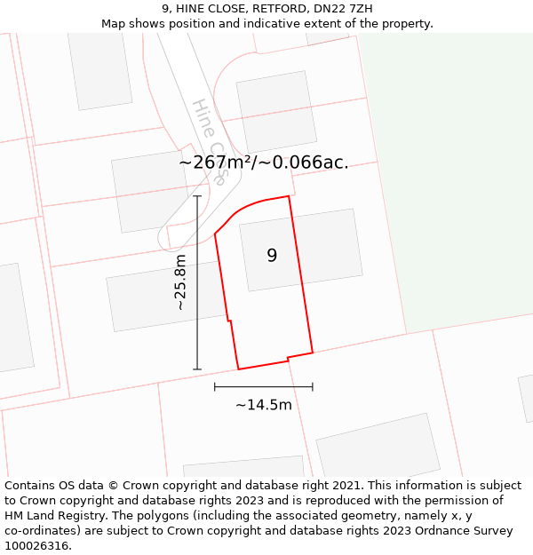 9, HINE CLOSE, RETFORD, DN22 7ZH: Plot and title map