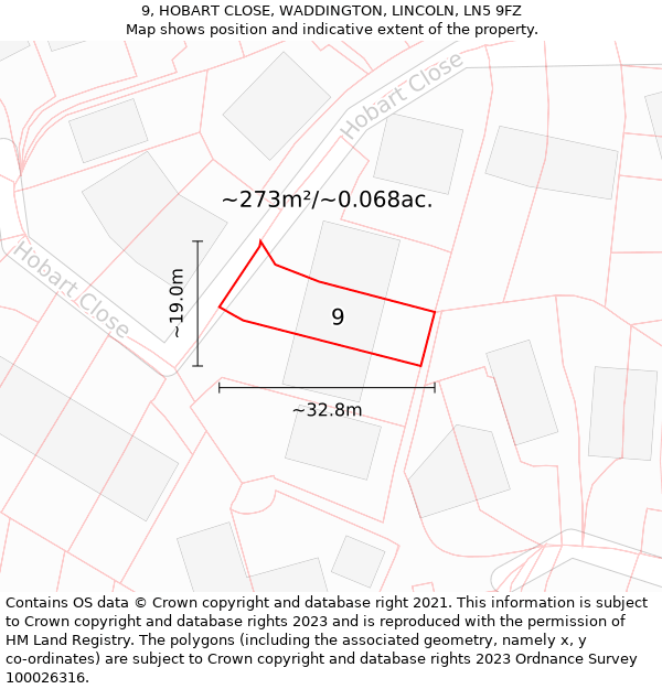 9, HOBART CLOSE, WADDINGTON, LINCOLN, LN5 9FZ: Plot and title map