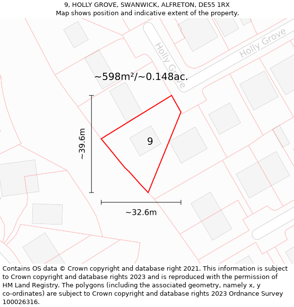 9, HOLLY GROVE, SWANWICK, ALFRETON, DE55 1RX: Plot and title map