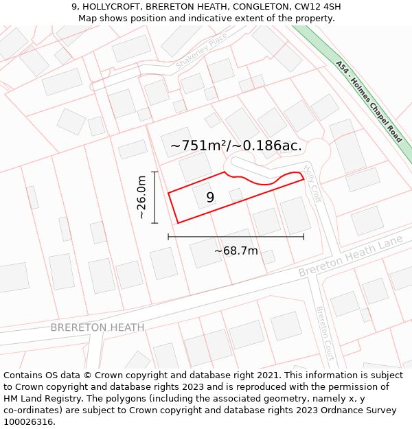 9, HOLLYCROFT, BRERETON HEATH, CONGLETON, CW12 4SH: Plot and title map