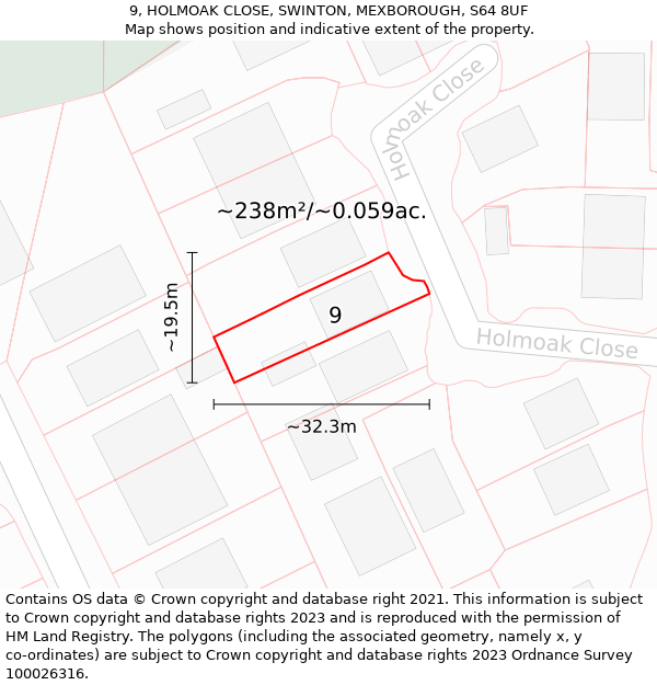 9, HOLMOAK CLOSE, SWINTON, MEXBOROUGH, S64 8UF: Plot and title map