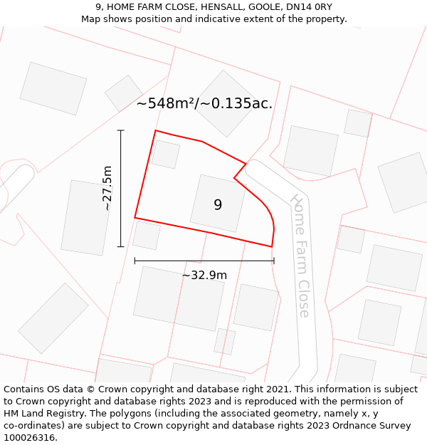 9, HOME FARM CLOSE, HENSALL, GOOLE, DN14 0RY: Plot and title map