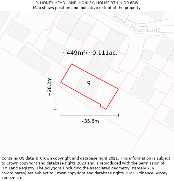 9, HONEY HEAD LANE, HONLEY, HOLMFIRTH, HD9 6RW: Plot and title map
