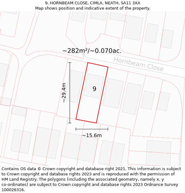 9, HORNBEAM CLOSE, CIMLA, NEATH, SA11 3XA: Plot and title map