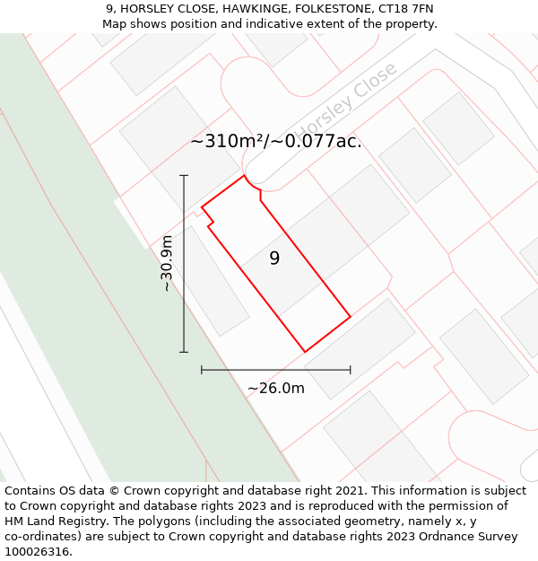 9, HORSLEY CLOSE, HAWKINGE, FOLKESTONE, CT18 7FN: Plot and title map