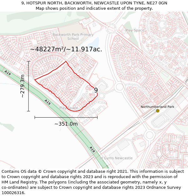 9, HOTSPUR NORTH, BACKWORTH, NEWCASTLE UPON TYNE, NE27 0GN: Plot and title map