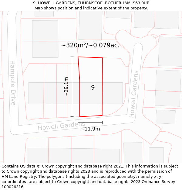 9, HOWELL GARDENS, THURNSCOE, ROTHERHAM, S63 0UB: Plot and title map