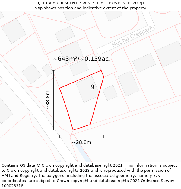 9, HUBBA CRESCENT, SWINESHEAD, BOSTON, PE20 3JT: Plot and title map