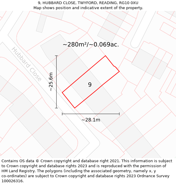 9, HUBBARD CLOSE, TWYFORD, READING, RG10 0XU: Plot and title map