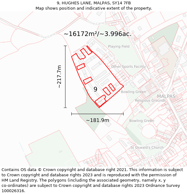 9, HUGHES LANE, MALPAS, SY14 7FB: Plot and title map