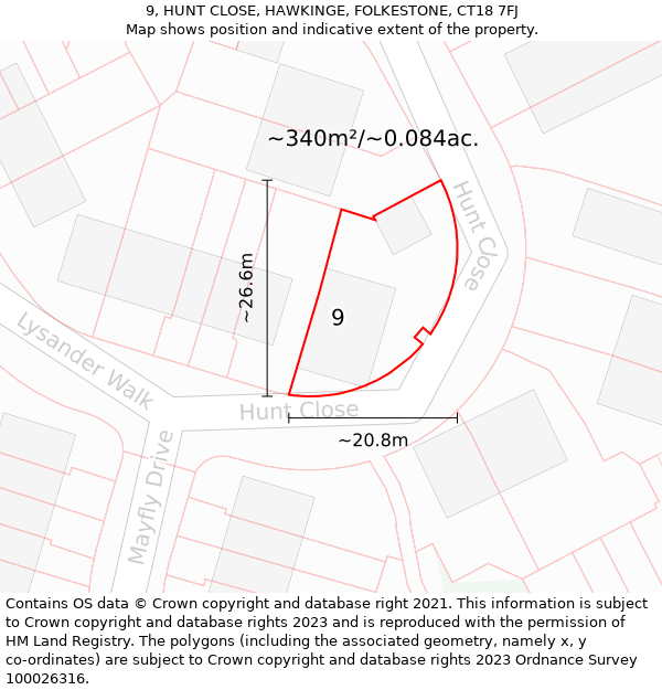 9, HUNT CLOSE, HAWKINGE, FOLKESTONE, CT18 7FJ: Plot and title map