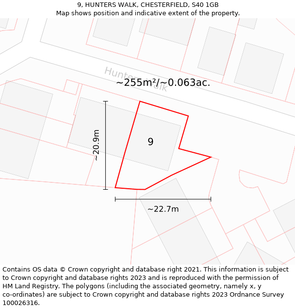 9, HUNTERS WALK, CHESTERFIELD, S40 1GB: Plot and title map