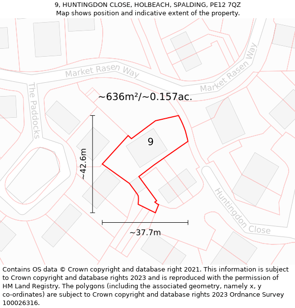 9, HUNTINGDON CLOSE, HOLBEACH, SPALDING, PE12 7QZ: Plot and title map