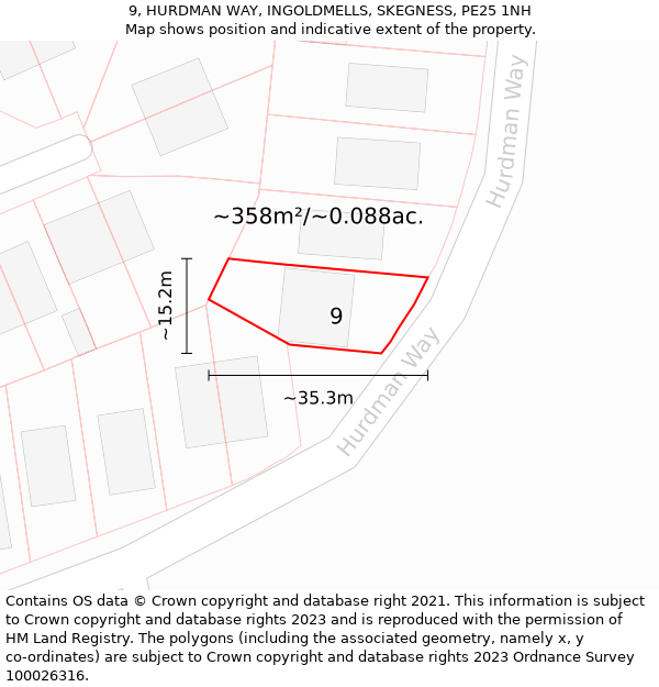 9, HURDMAN WAY, INGOLDMELLS, SKEGNESS, PE25 1NH: Plot and title map