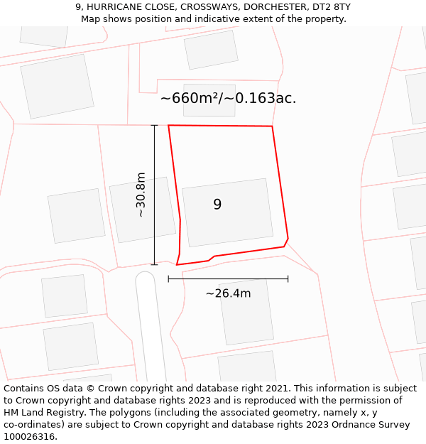 9, HURRICANE CLOSE, CROSSWAYS, DORCHESTER, DT2 8TY: Plot and title map