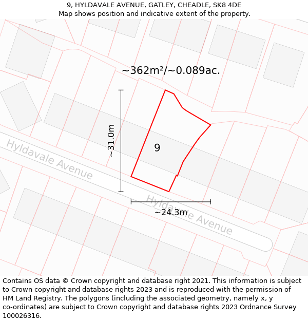 9, HYLDAVALE AVENUE, GATLEY, CHEADLE, SK8 4DE: Plot and title map