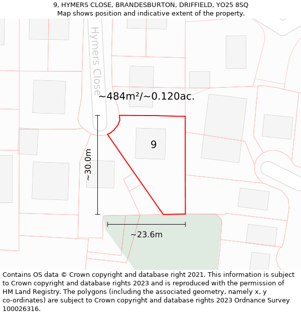 9, HYMERS CLOSE, BRANDESBURTON, DRIFFIELD, YO25 8SQ: Plot and title map