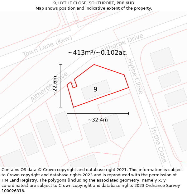 9, HYTHE CLOSE, SOUTHPORT, PR8 6UB: Plot and title map