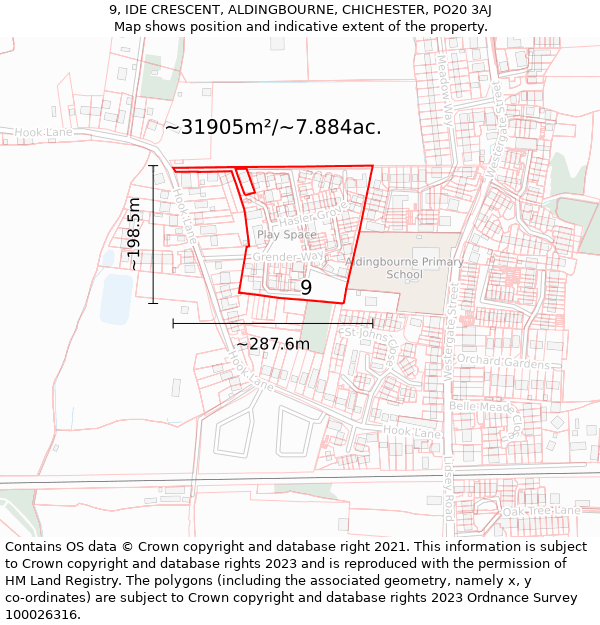 9, IDE CRESCENT, ALDINGBOURNE, CHICHESTER, PO20 3AJ: Plot and title map