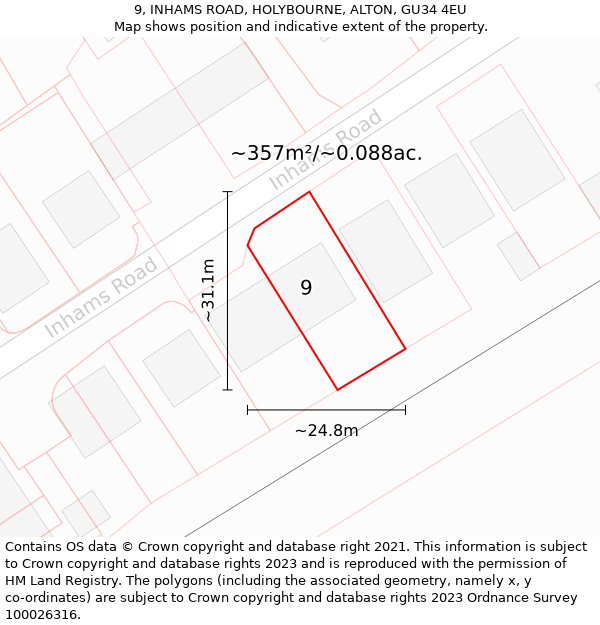 9, INHAMS ROAD, HOLYBOURNE, ALTON, GU34 4EU: Plot and title map