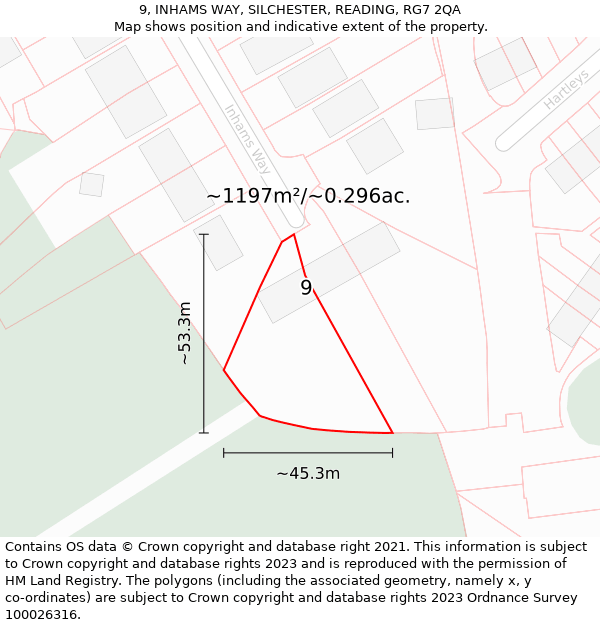 9, INHAMS WAY, SILCHESTER, READING, RG7 2QA: Plot and title map