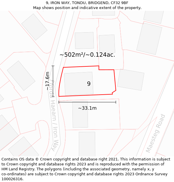 9, IRON WAY, TONDU, BRIDGEND, CF32 9BF: Plot and title map