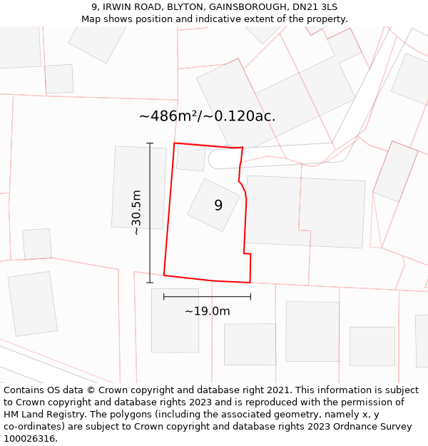 9, IRWIN ROAD, BLYTON, GAINSBOROUGH, DN21 3LS: Plot and title map