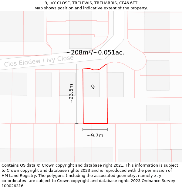 9, IVY CLOSE, TRELEWIS, TREHARRIS, CF46 6ET: Plot and title map