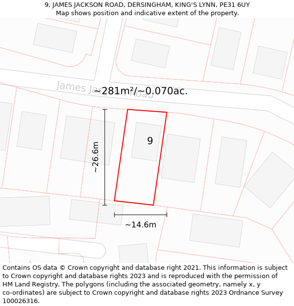 9, JAMES JACKSON ROAD, DERSINGHAM, KING'S LYNN, PE31 6UY: Plot and title map