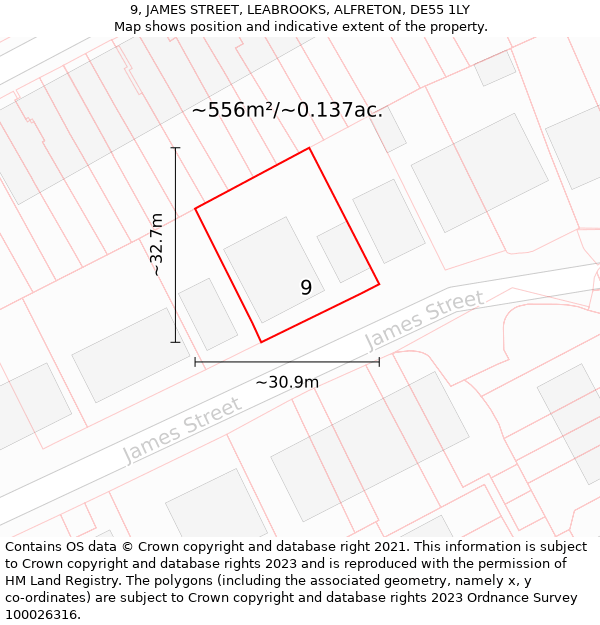 9, JAMES STREET, LEABROOKS, ALFRETON, DE55 1LY: Plot and title map