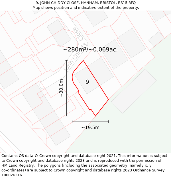 9, JOHN CHIDDY CLOSE, HANHAM, BRISTOL, BS15 3FQ: Plot and title map