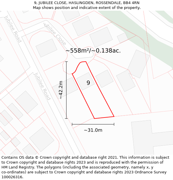 9, JUBILEE CLOSE, HASLINGDEN, ROSSENDALE, BB4 4RN: Plot and title map