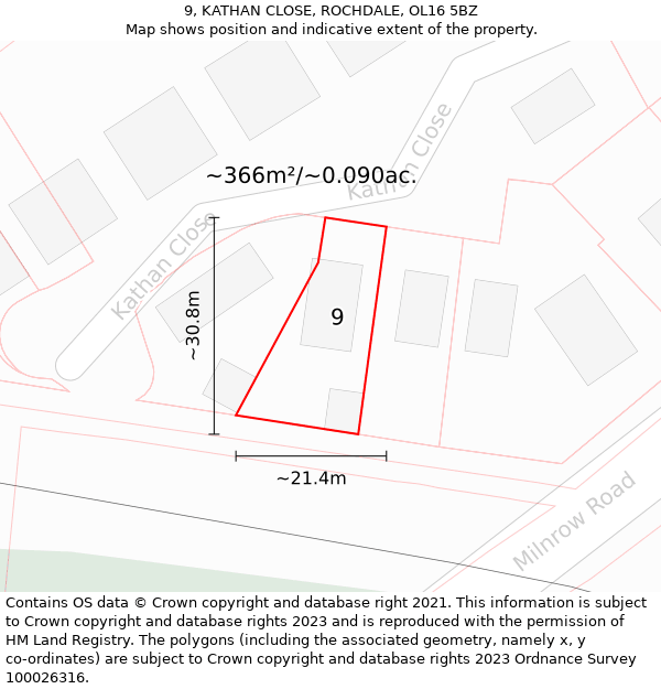 9, KATHAN CLOSE, ROCHDALE, OL16 5BZ: Plot and title map